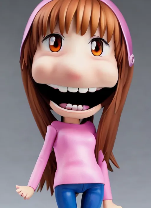 Prompt: a hyperrealistic oil panting of a kawaii anime girl figurine caricature with a big toothy grin featured on Wallace and Gromit by Studio Ghibli