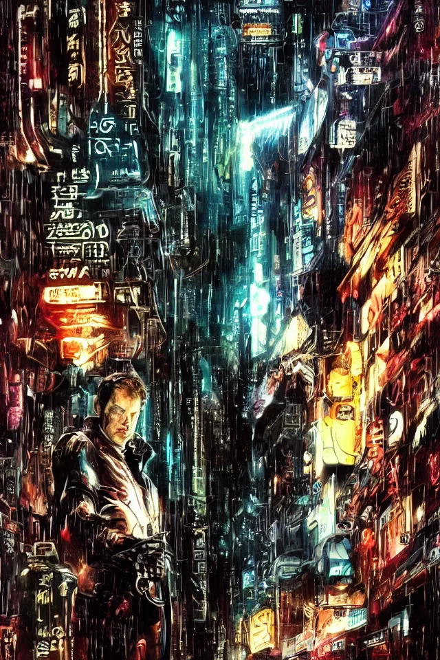 Image similar to artwork by Ridley Scott showing a android dreaming about electric sheep, cyberpunk, Blade Runner