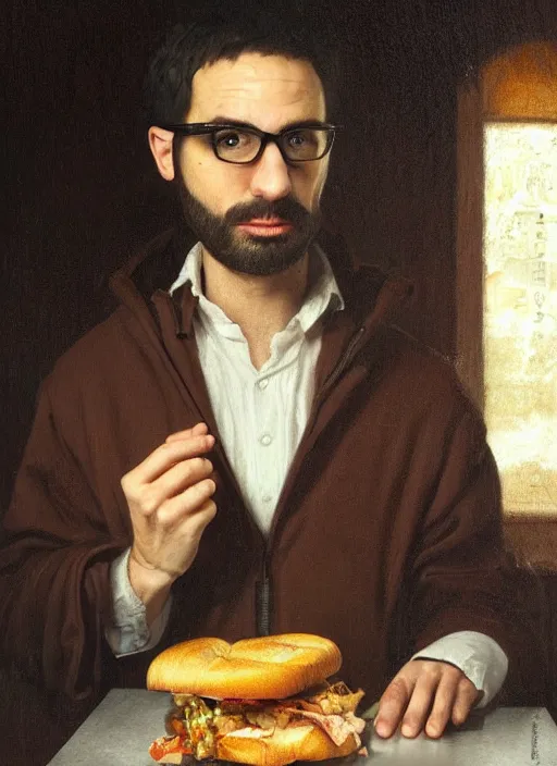 Prompt: realistic portrait of danny mondello eating a sandwich, guy with glasses, a trimmed tight small goatee, dark brown hair, renaissance photorealistic portrait painting, highly detailed, greg rutkowski, beautiful light