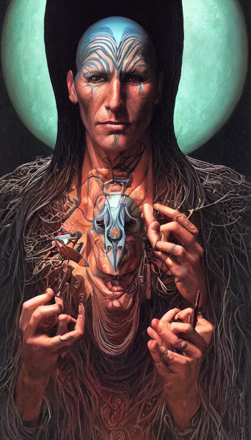 Image similar to portrait of a digital shaman, by gerald brom,