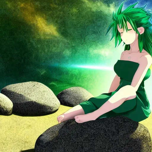 Prompt: anime girl with green hair meditating on a rock, beautiful face, pretty face, serene, sunshine rays, 8 k resolution, digital art