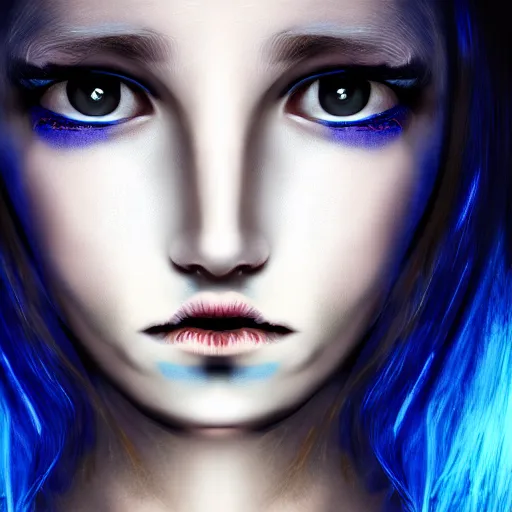 Image similar to beautiful ghost girl, black hair, blue eyes, glowing skin, photorealistic