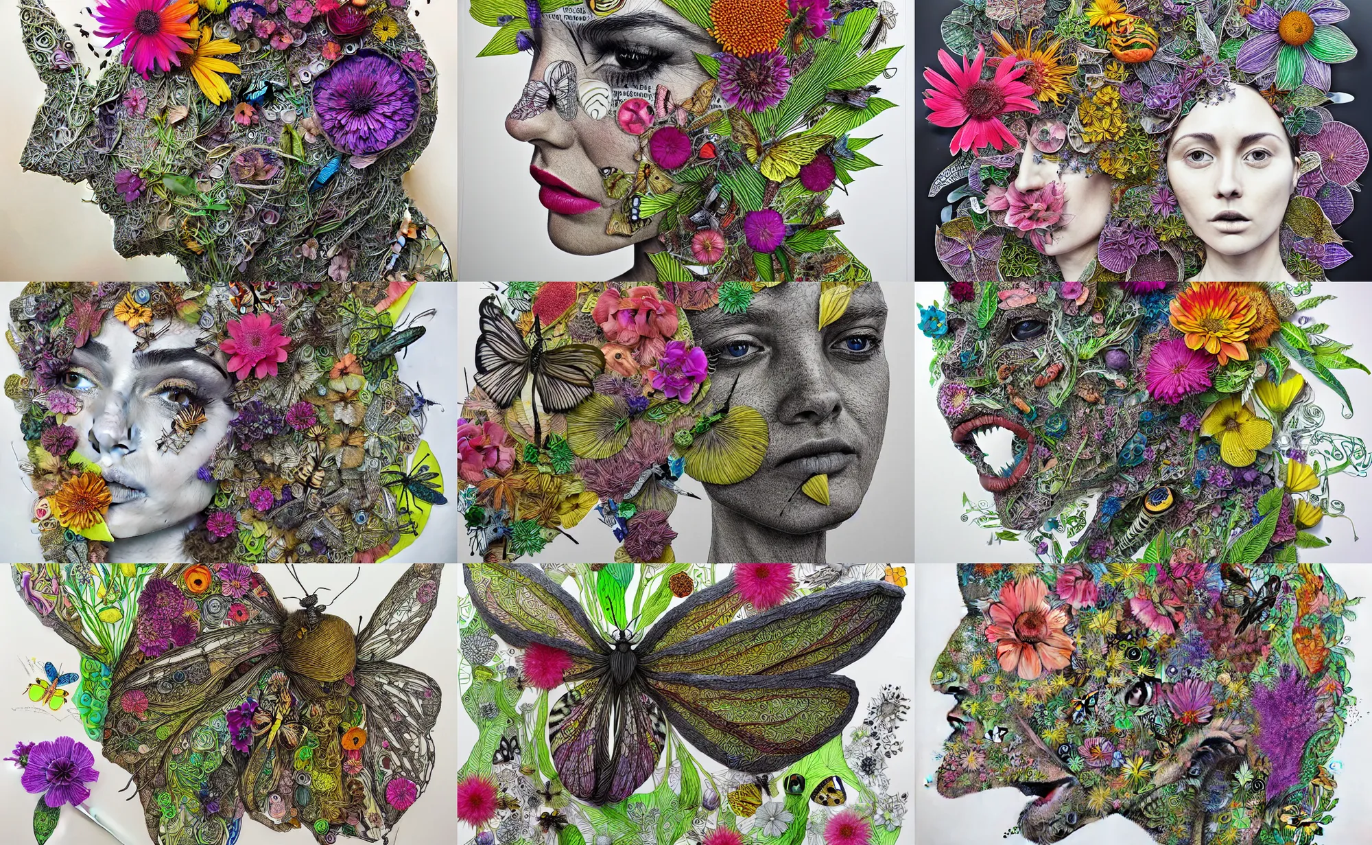 Prompt: 3 d rendered hand cut images of colourful flora and fauna come together in lush and intricate composition of a face, insects, flowers, foliage, captivating, pen and ink doodles, mixed media, newspaper cuts, hyperrealism mixed with 2 d