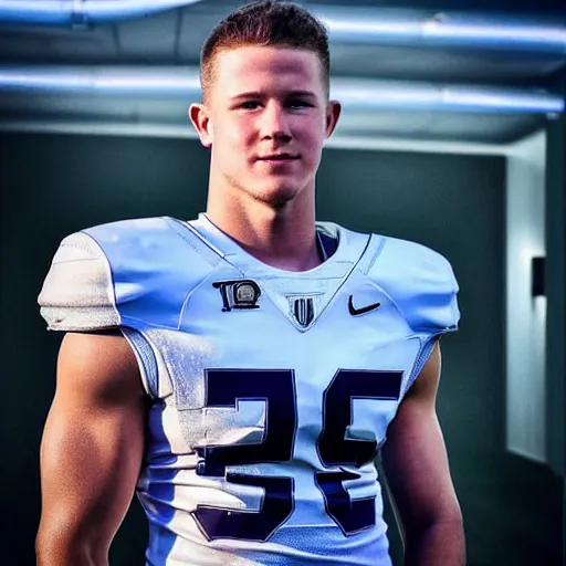 Image similar to “ a realistic detailed photo of a guy who is an attractive humanoid who is half robot and half humanoid, who is a male android, football player christian mccaffrey, shiny skin, posing like a statue, blank stare, on the field, on display ”