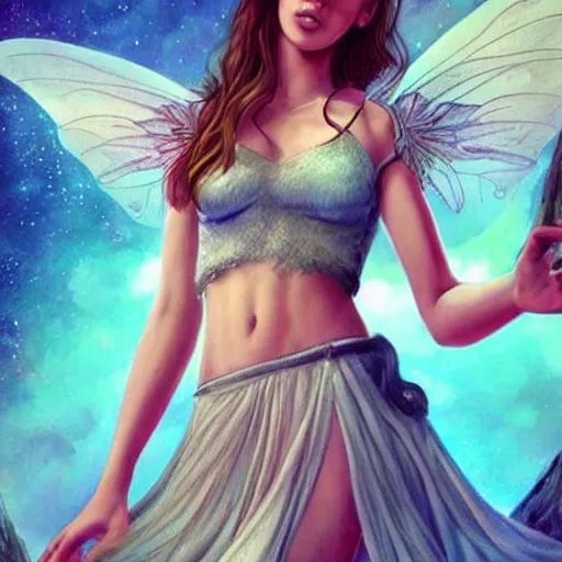 Prompt: Alycia Debnam-Carey as very very very beautiful fairy princess with fairy wings, bare midriff, one foot raised off the ground, full body portrait, eye contact, smiling, flirty, perfect face, perfect body, drawn by artgerm