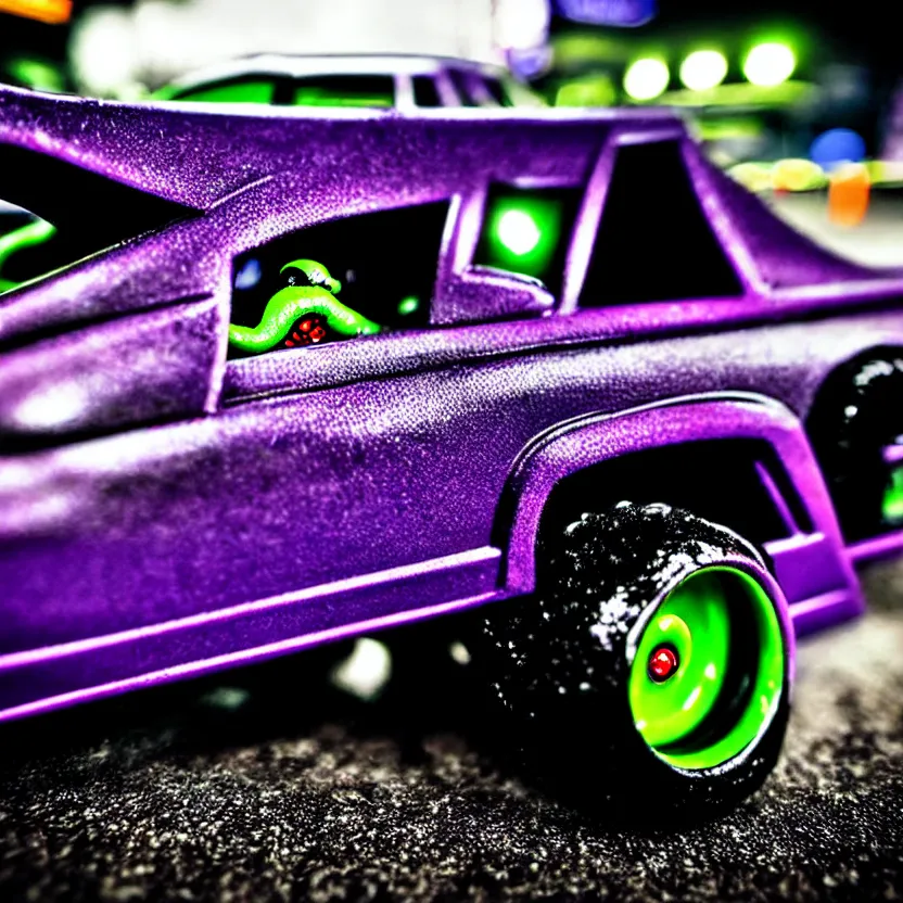 Image similar to close-up JZX100 twin turbo drift jet engine monster truck drag racer cowboy Cadillac in the road, Tokyo prefecture, Japanese architecture, city sunset mist lights, cinematic lighting, photorealistic, detailed alloy wheels, highly detailed purple green snake oil wacky races power ranger bat-mobile transformer car