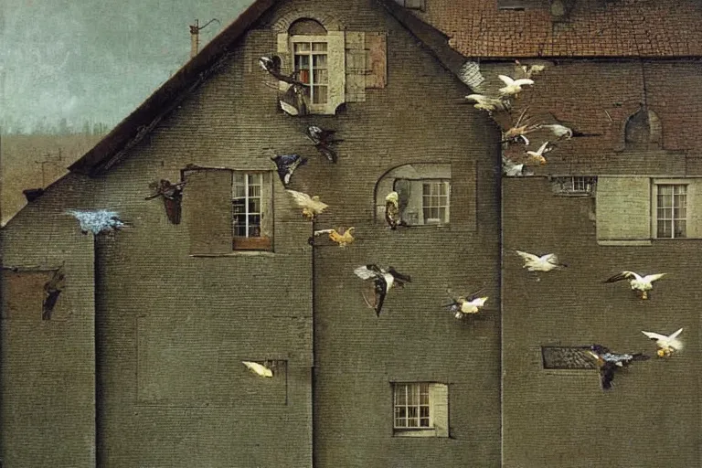 Image similar to a house with birds flying on too of it, insanely detailed, Michael Sowa