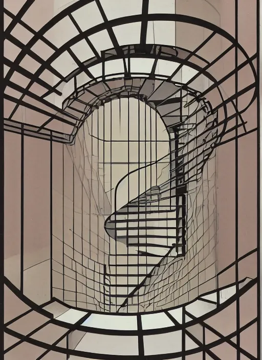 Prompt: an axonometric view of a spiral staircase by theo van doesburg