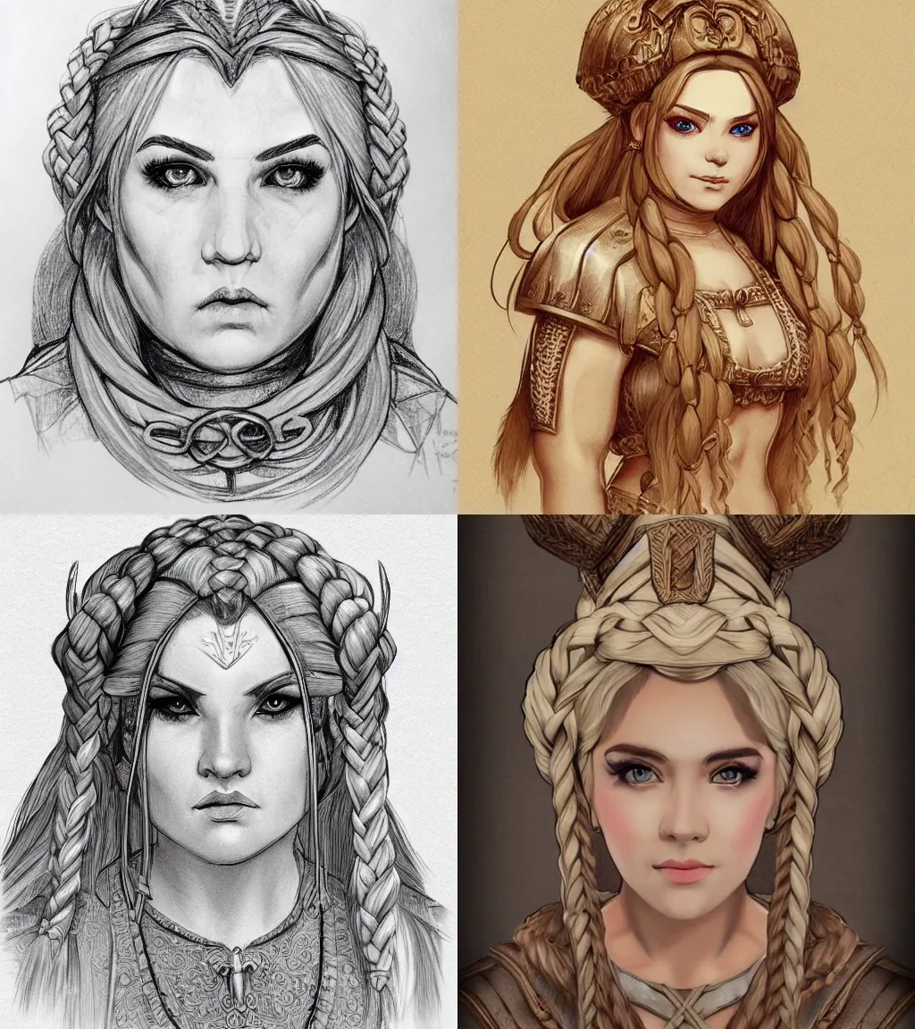 Prompt: plump female dwarven noblewoman | complex blonde braided hairstyle | hyperdetailed | pencil sketch | giotto | waist-up portrait | dungeons and dragons |