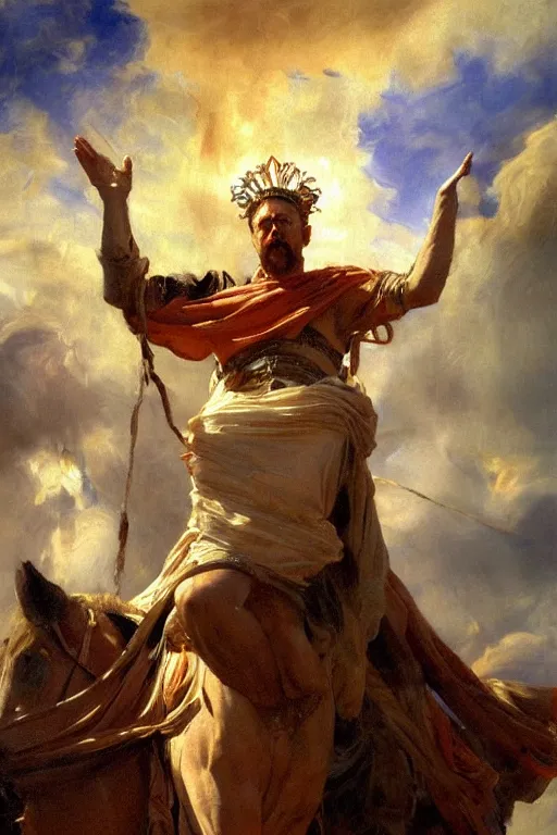 Image similar to beautiful detailed expressive impressionistic oil painting portrait of ancient roman god emperor steve buscemi ascending on high wearing the civic crown, renaissance painting, dark background, art by anders zorn, wonderful masterpiece by greg rutkowski, expressive brush strokes, beautiful cinematic light, american romanticism by greg manchess, jessica rossier