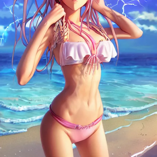 Prompt: a very beautiful anime girl, full body, long braided curly blonde hair, twisted braids, golden watery eyes, full round face, short smile, pale pink bikini, serene beach setting, cinematic lightning, medium shot, mid-shot, highly detailed, trending on artstation, Unreal Engine 4k, cinematic wallpaper by Stanley Artgerm Lau, WLOP, Rossdraws, James Jean, Andrei Riabovitchev, Marc Simonetti, and Sakimichan