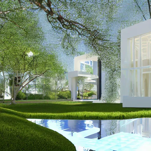 Image similar to evolving fractal, flowing white architectural Villa, futuristic 3D, voronoi pattern pavilion with magnolias on the roof, perforated shaders, sunrays through the pavilion structure, lush botanical trees, prairie landscaping, sunrise, golden hour, illuminated pool, fluffy clouds