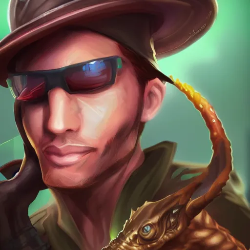 Image similar to Reptile detective, trenchoat and hat, league of legends character, close up, digital art, trending on ArtStation
