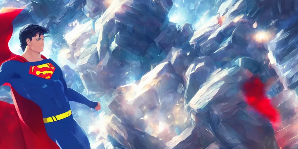 Image similar to donald trump as superman, art by makoto shinkai, studio ghibli, greg rutkowski, wlop, highly detailed, anime key visual, 4 k, high quality, studio portrait