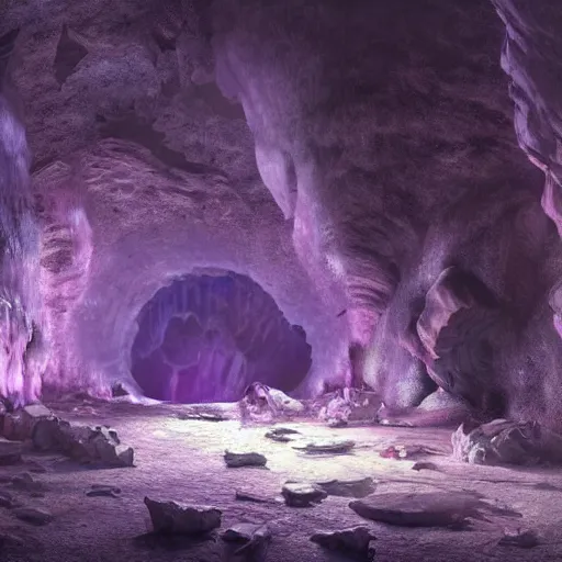 Image similar to beautiful matte painting of a cave with glowing crystals on the walls and bone piles on the floor, fantasy, sharp focus