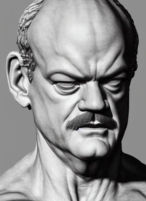 Prompt: a statue made of white marble with gold veins, of kelsey grammer as frasier crane with fittonias, transhumanism, full body shot, perfect symmetrical body, perfect symmetrical face, hyper realistic, hyper detailed, by johannen voss, by peter kemp, by alex grey, octane render, blender, 8 k