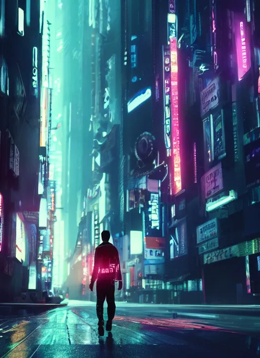 Image similar to a 3D render of an android with glowing lights walking down the street in New York City, bokeh, Canon 50mm, cinematic lighting, volumetric light, octane, octane render, redshift render, cyberpunk, Blade Runner, Blade Runner 2049