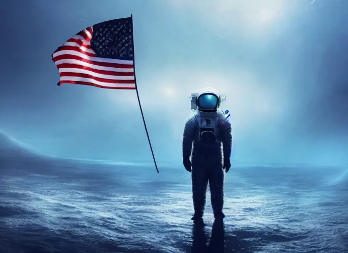 Image similar to astronaut holding a flag in an underwater desert. a submarine is visible in the distance. dark, concept art, cinematic, dramatic, atmospheric, 8 k, trending on artstation, blue, fish, low visibility, fog, ocean floor, christopher nolan, interstellar