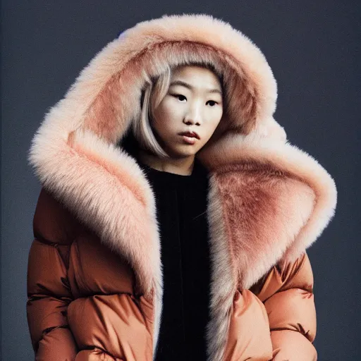 Image similar to realistic photoshooting for a new balenciaga lookbook, color film photography, portrait of a blonde asian woman, model wearing a puffer jacket, photo in style of tyler mitchell, 3 5 mm,