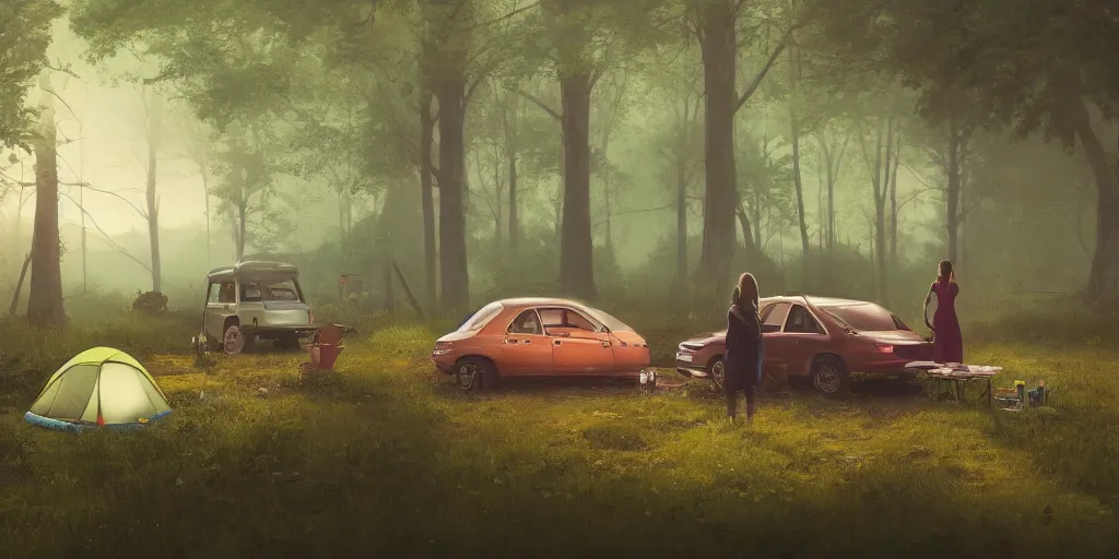 Image similar to two women camping next to green car, elegant scene, low angle, wide angle, indian forest, wide angle, cinematic, ultrarealistic, trending on artstation, cgsociety, highly detailed, color graded, rendered in unreal engine 4 k hq, matte painting, by simon stalenhag and hudson river school, horizon forbidden west