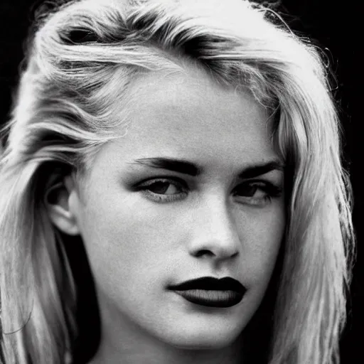 Prompt: black and white vogue closeup portrait by herb ritts of a beautiful female model, irish, high contrast