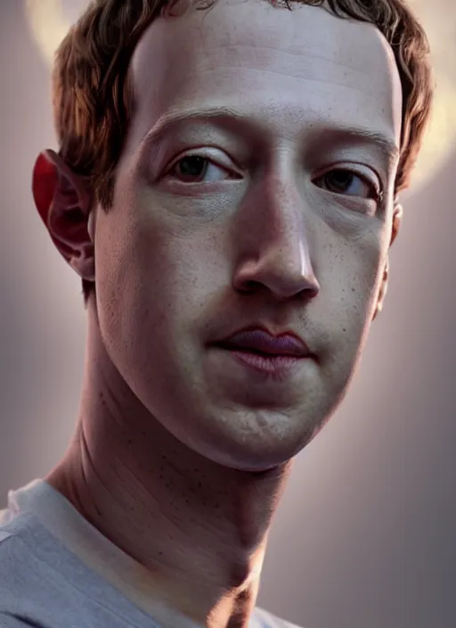 Image similar to portrait of mark zuckerberg with long long neck and lizard eyes and snake tongue, hyper detailed, digital art, trending in artstation, cinematic lighting, studio quality, smooth render, unreal engine 5 rendered, octane rendered, art style by klimt and nixeu and ian sprigger and wlop and krenz cushart.