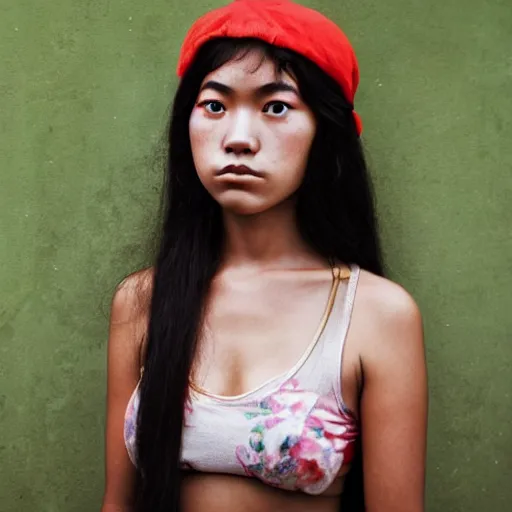 Prompt: photo of a young japanese brazillian woman in the style of martin schoeller