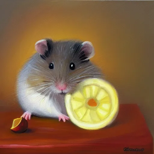 Image similar to a oil painting of a cute little hamster eating lemon