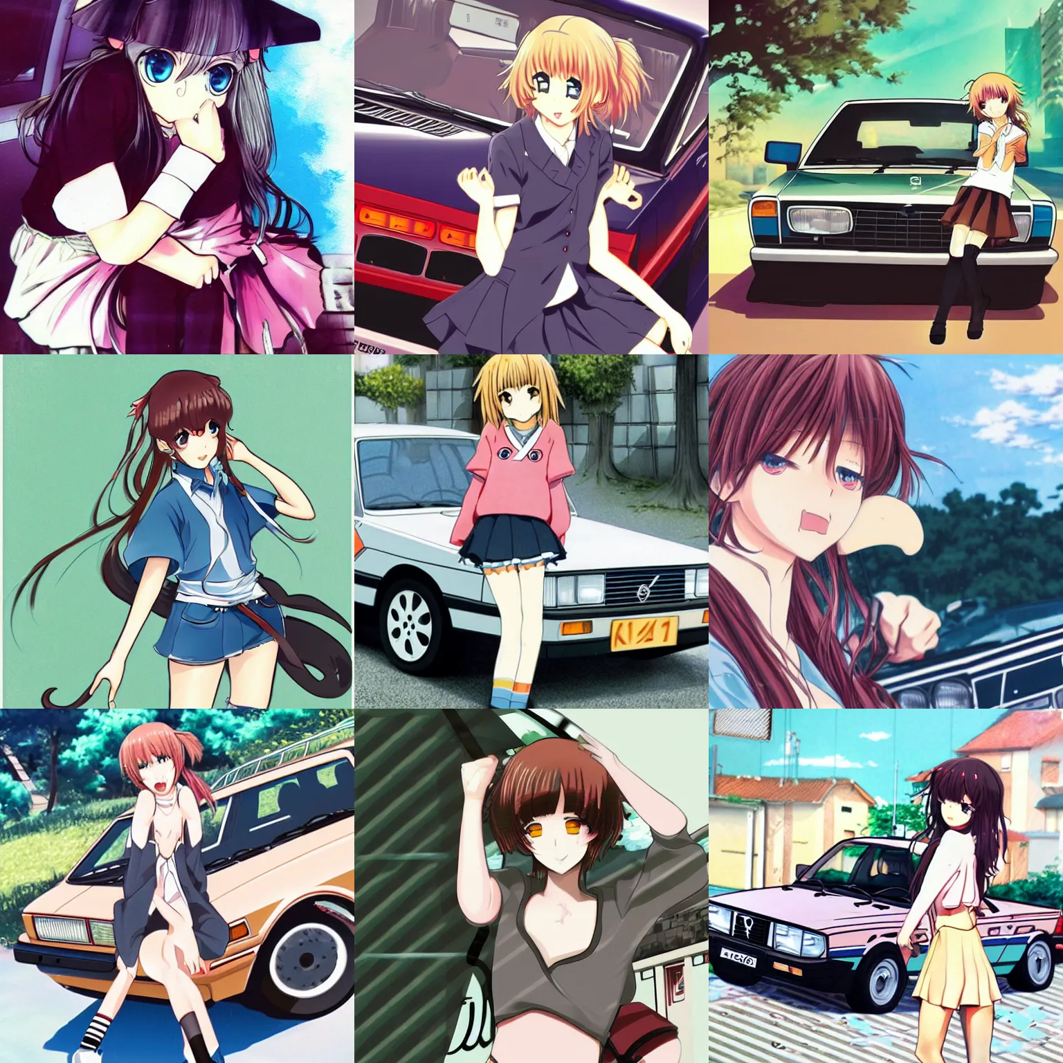 Prompt: anime girl with volvo 240, anime style