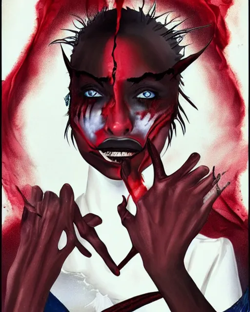 Image similar to beautiful namibian androgynous demonic vampire girl, hyperrealistic, bloodstains