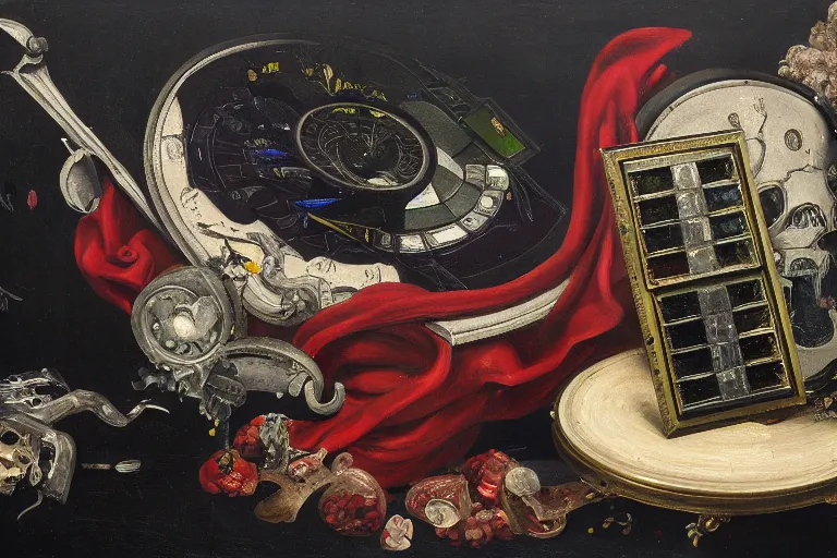 Image similar to a vanitas painting depicting an NVIDIA RTX A100 GPU, graphics card