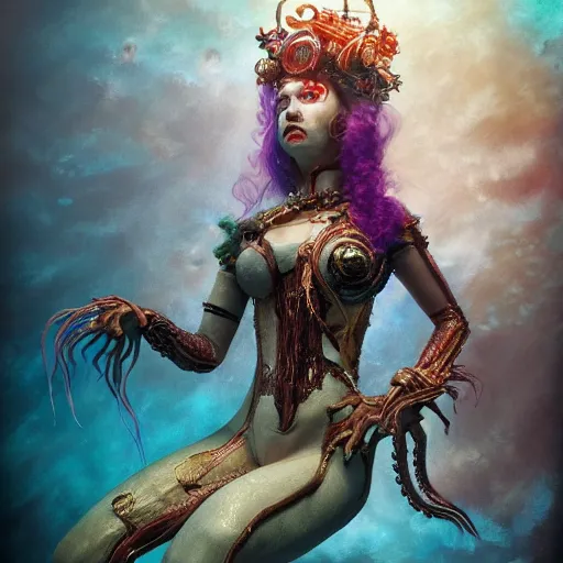 Prompt: photorealistic soft paint underwater render of a curiosities carnival single female in a full steampunk armor, multiples very long tentacles, partial symmetry accurate features, ominous depths, elegance, refractions, reflections, focus, rainbow lighting, very high details, award winning masterpiece, octane, artstation, squids, by tom bagshaw