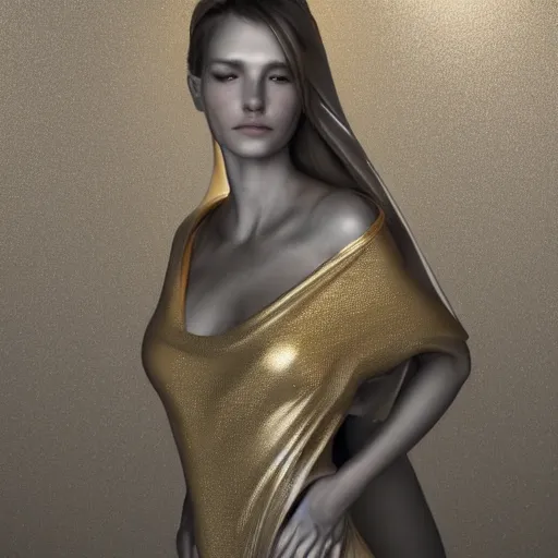 Prompt: a highly detailed digital image of a silver covered elegantly posed futuristic woman beautifully intertwined in golden liquid like leaves, full body shot, by Andrew Chiampo, artstation, and Frederik Heyman, extremely detailed woman, stunning volumetric lighting, hyper realism, fantasy 4k