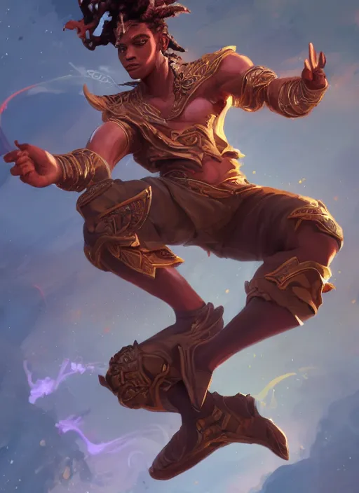 Image similar to a highly detailed illustration of attractive young african fire god with short hair, heroic jumping pose, intricate, elegant, highly detailed, centered, digital painting, artstation, concept art, smooth, sharp focus, league of legends concept art, wlop