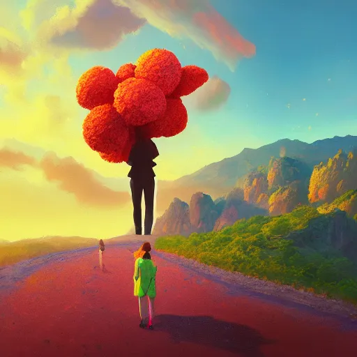 Image similar to giant cherry flower as a head, girl walking in a canyon, surreal photography, sunrise, dramatic light, impressionist painting, colorful clouds, digital painting, artstation, simon stalenhag