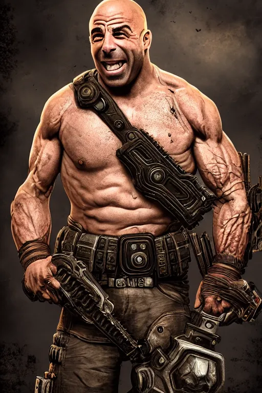 Image similar to Joe Rogan as a muscular Gears of War character laughing, photorealism, half body, HDR ambient background, unreal engine 5, hyperrealistic, highly detailed, XF IQ4, 150MP, 50mm, F1.4, ISO 200, 1/160s, cinematic lights, Adobe Lightroom, photolab, Affinity Photo, PhotoDirector 365, realistic