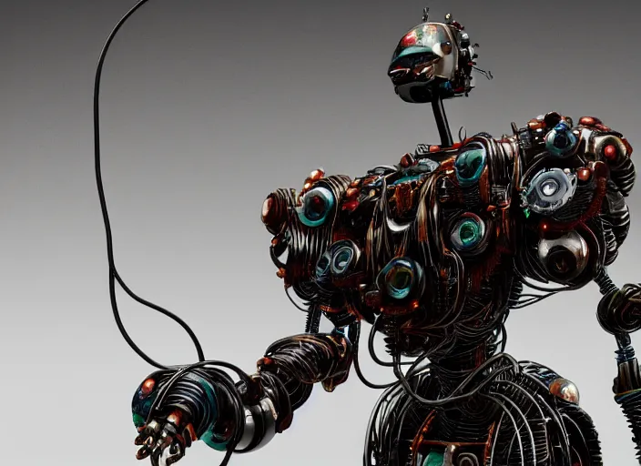 Image similar to Techno-biological rusty robot geisha consisting of wires and actuators. Biopunk, body armor, high detail, photorealism, full length view, concept art, dark background, Dan Mumford, Quixel Megascans, kanji tattoos and decals, octane render, 16k, 8k