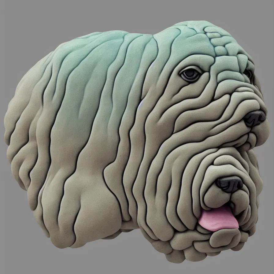 Prompt: beautiful gallery show studio photograph of a giant realistic rounded ceramic sculpture of a shar pei dog, fractal 3 d structure, celadon glaze, placed on a polished wooden table, colorful hyperrealism 8 k trending on artstation