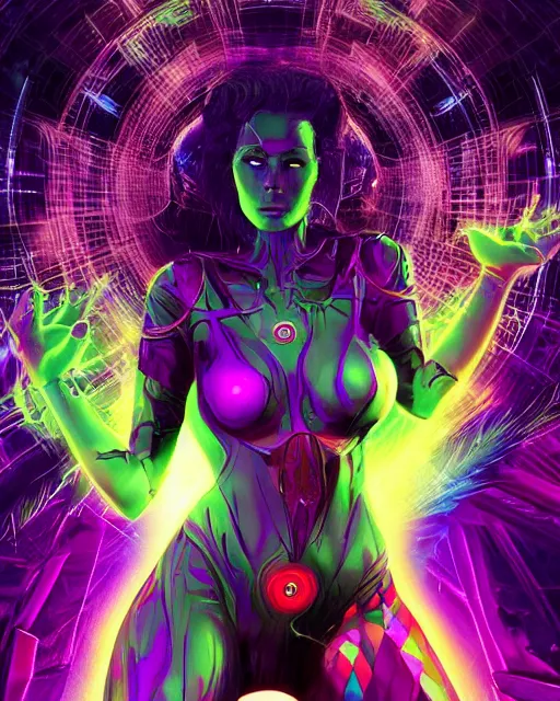 Image similar to a powerful energy psychedelic matrix woman, by alexander fedosav, hyper detailed digital matte painting, concept art, hyperrealism, 1 6 k resolution, cinema 4 d, 8 k resolution, trending on artstation, behance hd, a masterpiece, by stephan martiniere, particles, cel - shaded, power bright neon energy, by david a. hardy,