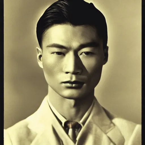 Prompt: a close - up photography of an asian male! actor from the 1 9 3 0 s. high cheekbones. good bone structure. dressed in 1 9 4 0 s style. butterfly lightning. key light sculpting the cheekbones. by george hurrell.