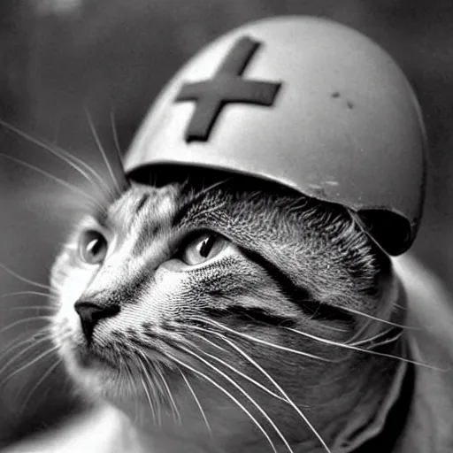 Image similar to Close up of a cat wearing a soldier helmet in the battle, ww2 historical photo, black and white