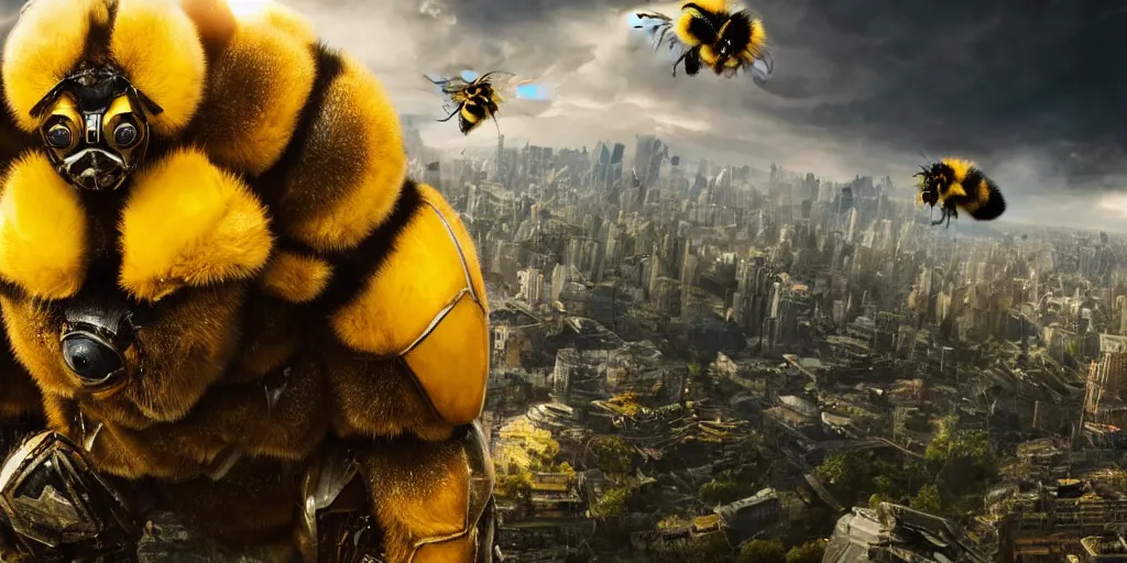 Prompt: HUGE BUMBLEBEE VERSUS THE EARTH, realistic 4k octane beautifully detailed render, 4k post-processing, highly detailed, intricate complexity, epic composition, magical atmosphere, cinematic lighting, masterpiece, ultra hd