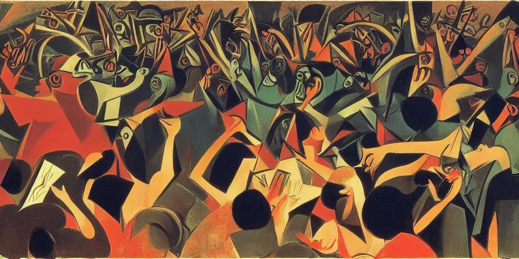 Prompt: color photography of picasso in a mosh pit at a classic music concert, by Philippe Halsman