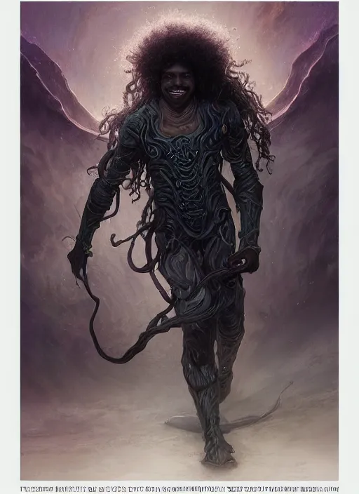 Image similar to fantasy changeling black kid with long curly hair playing electric guitar, between worlds, dim light, front game card, marvel comics, dark, intricate, highly detailed, smooth, artstation, digital illustration by ruan jia and mandy jurgens and artgerm and wayne barlowe and greg rutkowski and zdislav beksinski