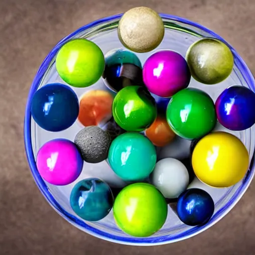 Image similar to a bowl full of coloured marbles top down view