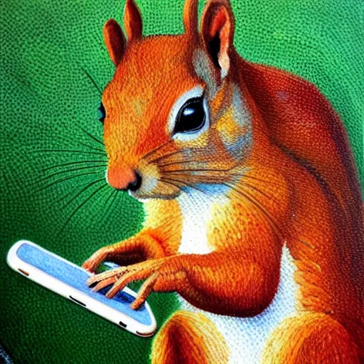 Prompt: a painting of a squirrel holding a cell phone, a pointillism painting by Matthias Grünewald, behance contest winner, naive art, detailed painting, oil on canvas, concert poster