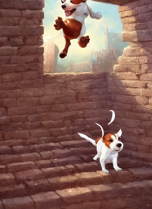 Image similar to adorable jack russel terrier jumping over a brick wall, fantasy art, artstation character design contest winner, trending on cgsociety, concept art, speedpaint, beautiful digital art, jesper ejsing, james jean, justin gerard, fenghua zhong, makoto shinkai, highly detailed