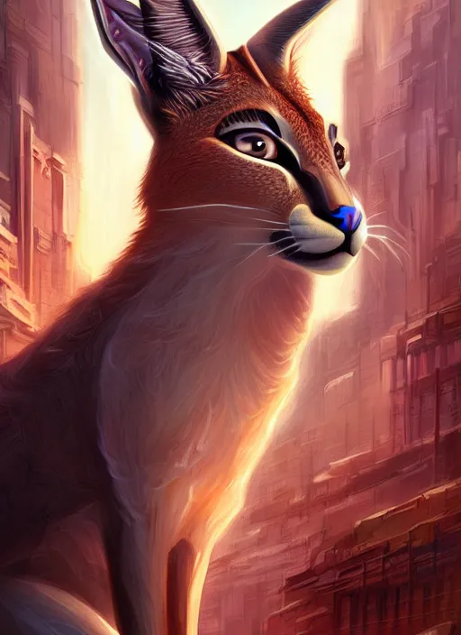 Prompt: cute caracal as apollo ancient greek god, details, fantasy, cyberpunk city, intricate, decadent, highly detailed, octane render, digital painting, artstation, concept art, sharp focus, illustration, art by artgerm, loish, wlop