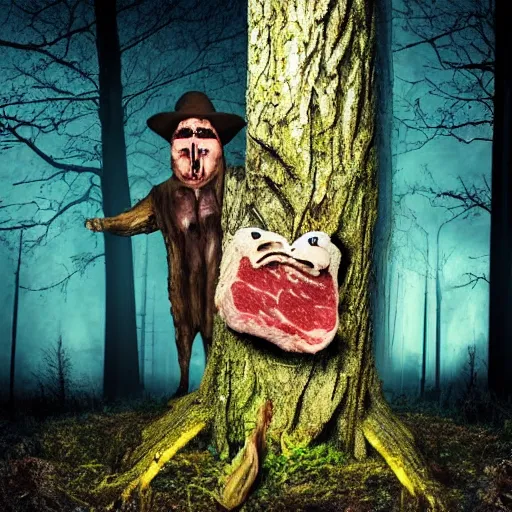 Image similar to big fat butcher with a scary face chops a piece of meat on the stump in a dark forest, night scene, old photo, scary, creepy, terrible atmosphere