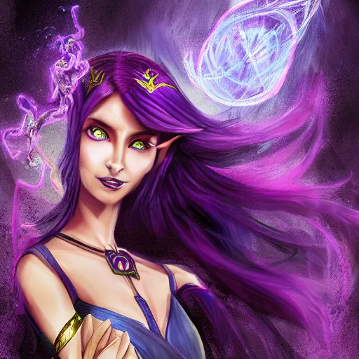Image similar to high quality fantasy painting of a half-elf sorceress, she has purple hair, 35 years old, magical chaotic lights dance around her, dark and ominous background